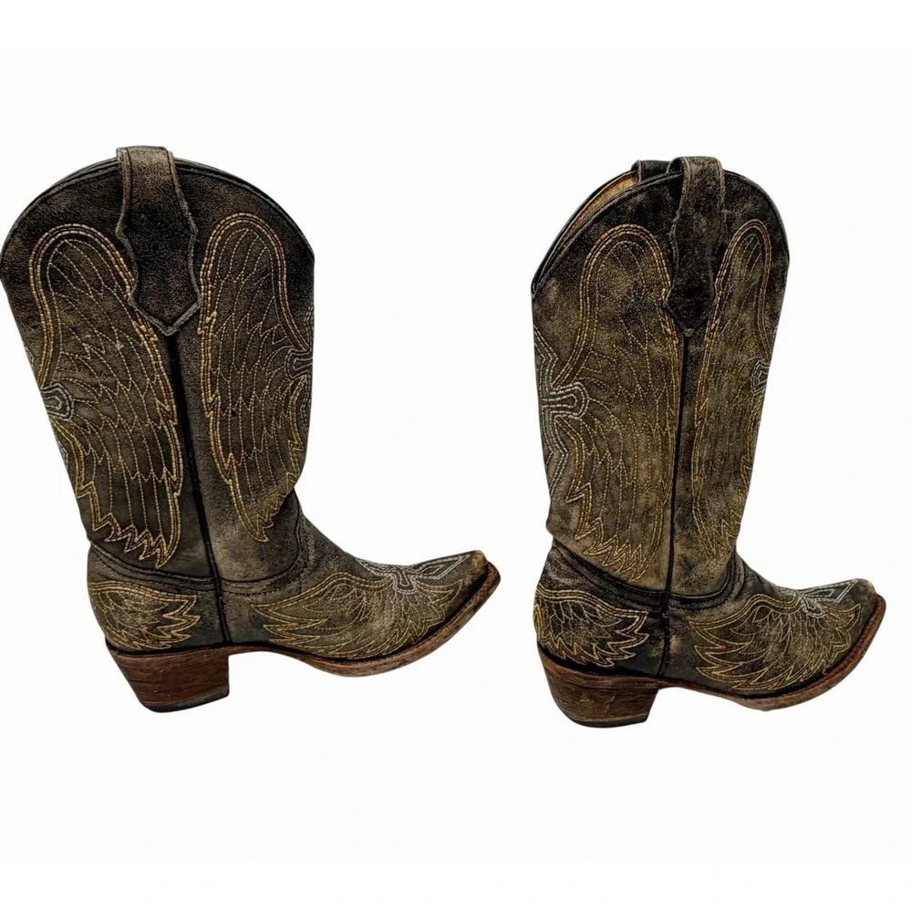 Corral Teen A1029 Youth 2.5T Distressed Black Leather Wings Cross Snip Toe Boots